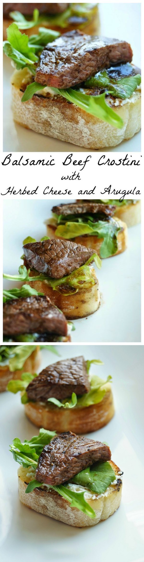 Balsamic Beef Crostini with Herbed Cheese and Arugula