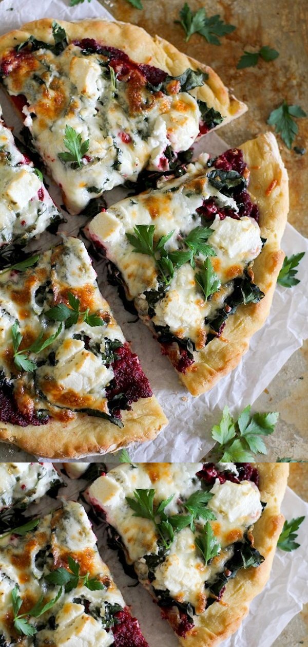 Beet Pesto Pizza with Kale and Goat Cheese