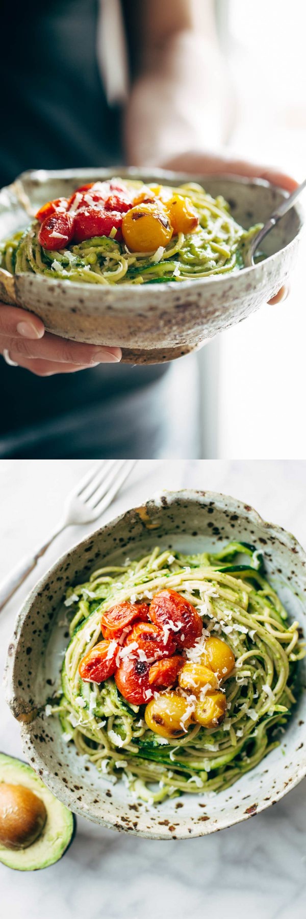 Burst Tomato and Zucchini Spaghetti with Avocado Sauce