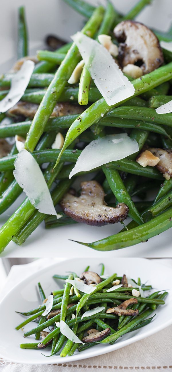 Buttery French Green Beans with Garlic-Sauteed Mushrooms, Shaved Parmesan and Toasted Hazelnuts