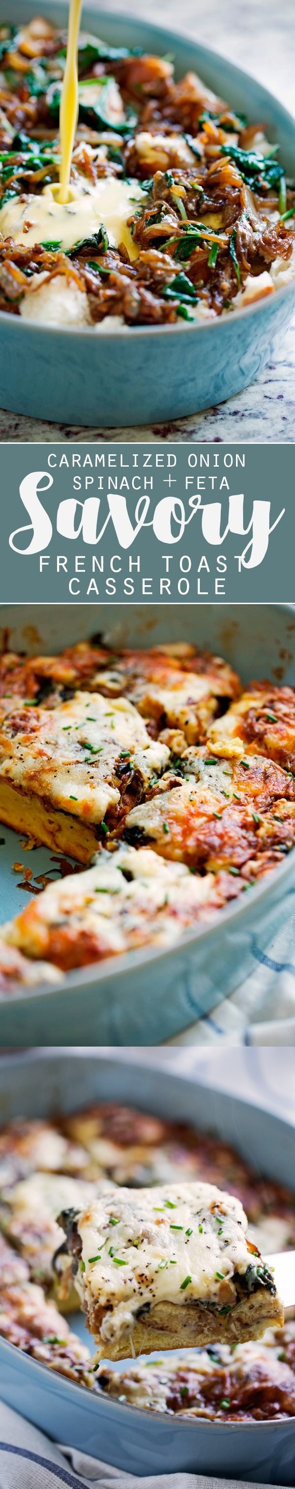 Caramelized Onion Spinach Feta Savory French Toast Casserole