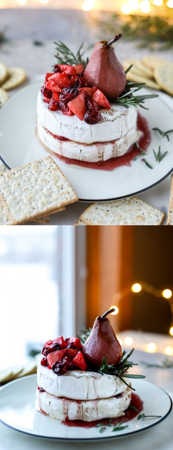 Caramelized Winter Fruit Stuffed Brie Cheese with a Pinot Poached Pear
