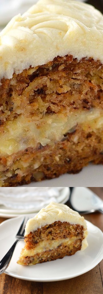 Carrot Cake with creamy pineapple filling and cream cheese frosting