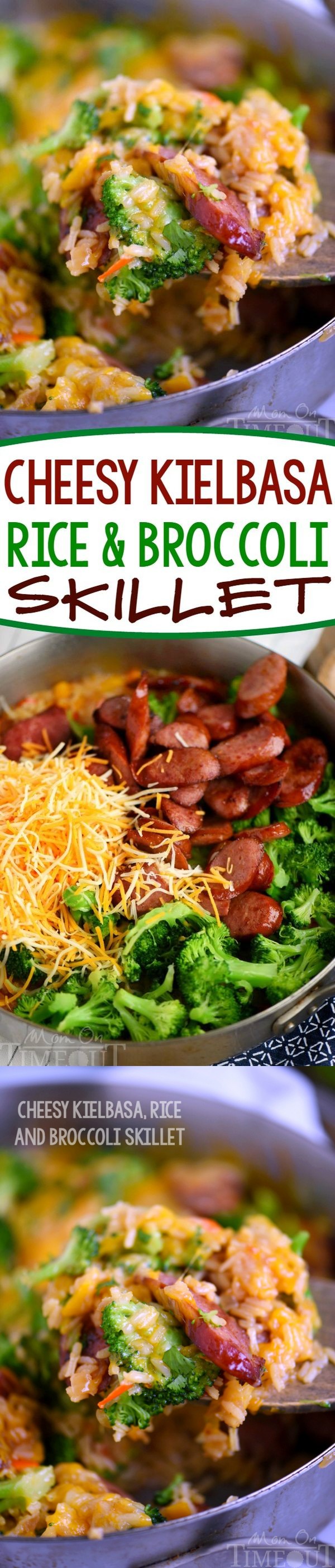 Cheesy Kielbasa, Rice and Broccoli Skillet