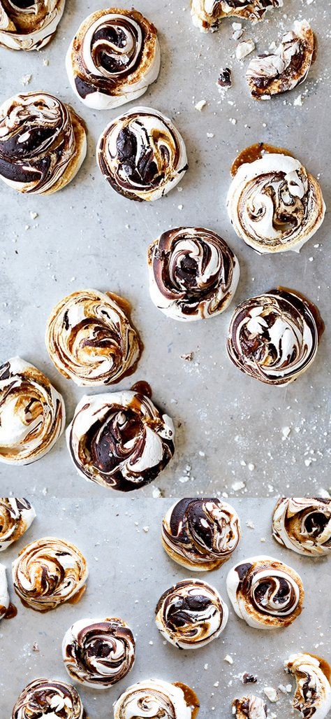 Chocolate and Salted Caramel Swirled Meringues