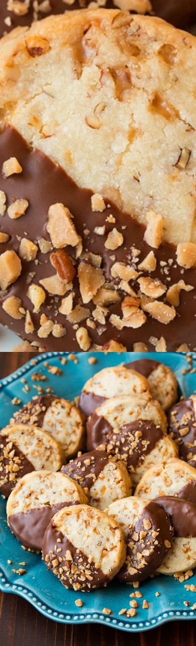 Chocolate Dipped Toffee Pecan Shortbread Cookies