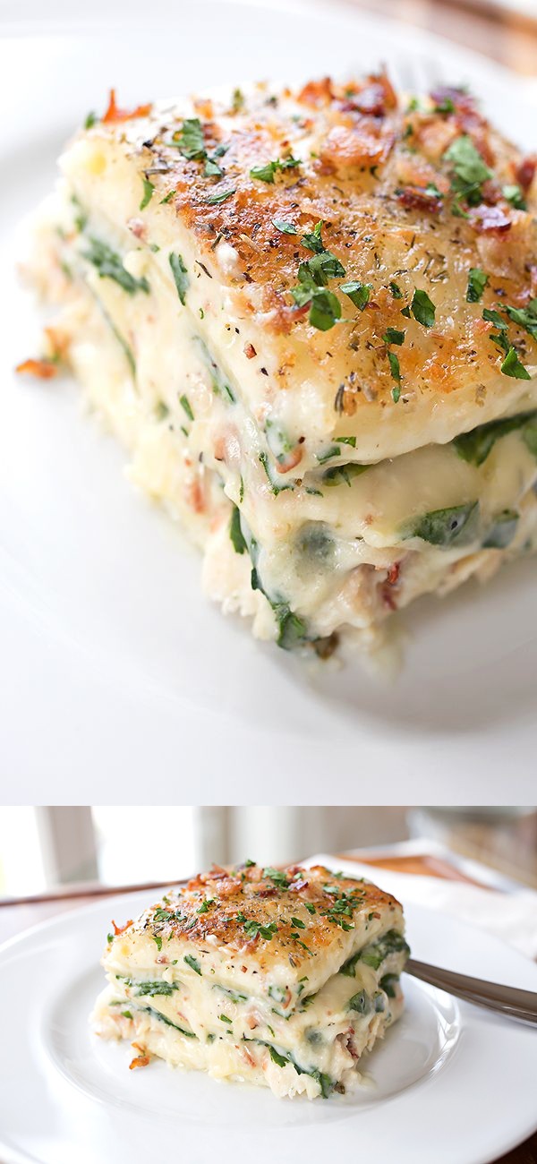 Creamy Chicken Florentine Lasagna with Two Cheeses, Baby Spinach and Crispy Bacon