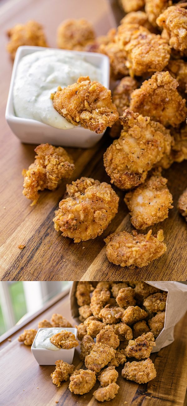 Crunchy-Baked Garlic “Popcorn” Chicken with Creamy Parmesan-Ranch Dipping Sauce