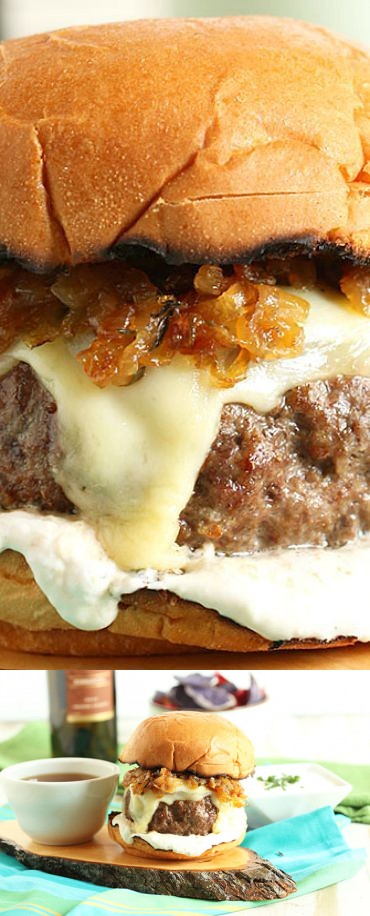 French Dip Burger with Havarti, Swiss and Bourbon Fried Onions