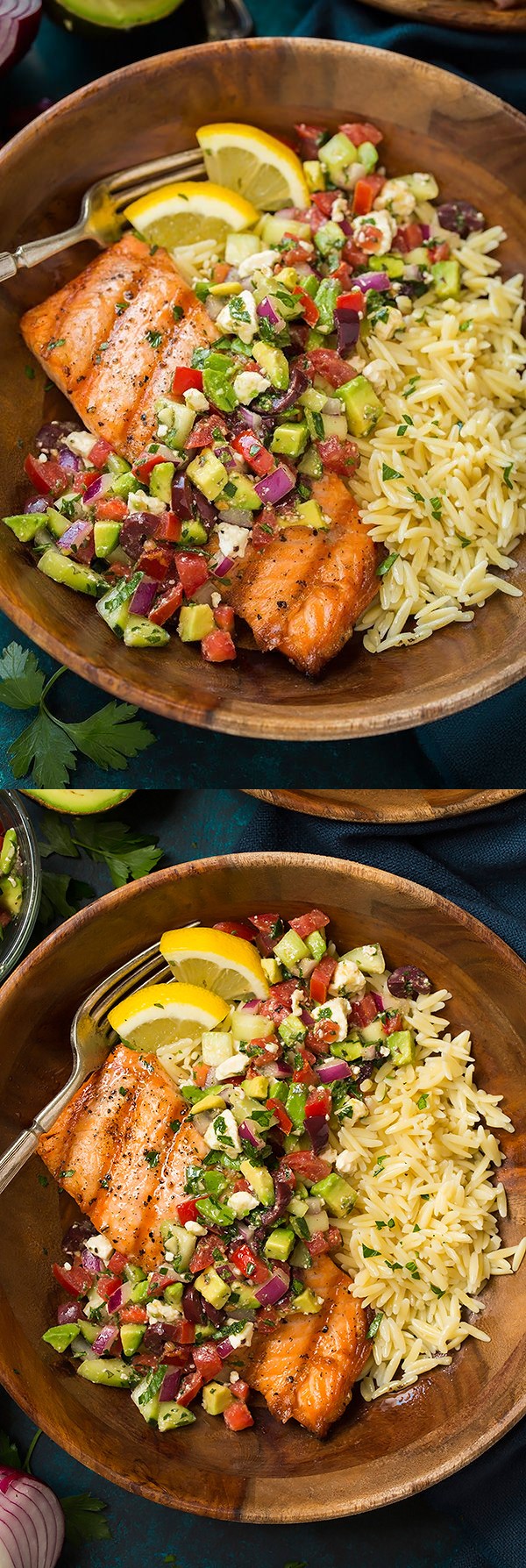 Grilled Salmon with Avocado Greek Salsa and Orzo