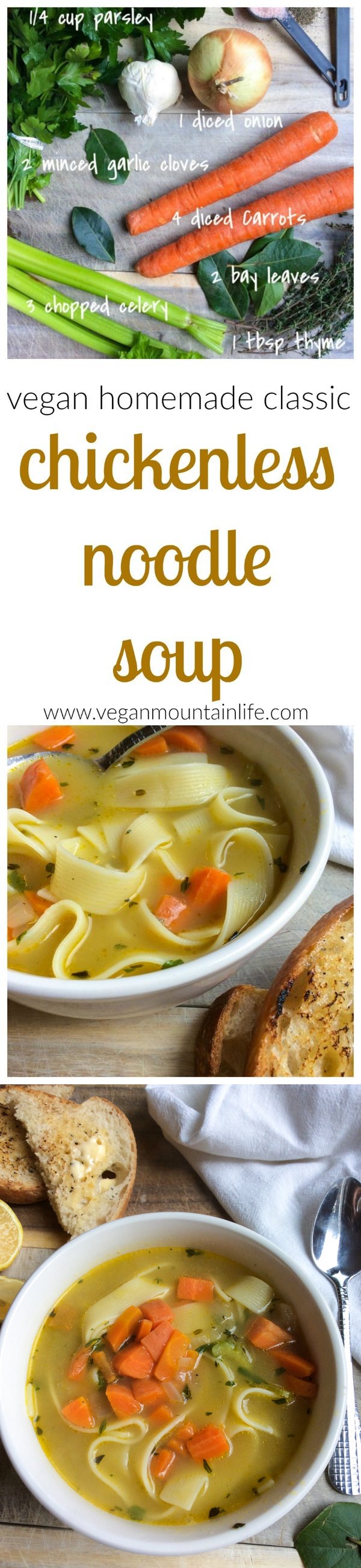 Homemade vegan “chicken” noodle soup