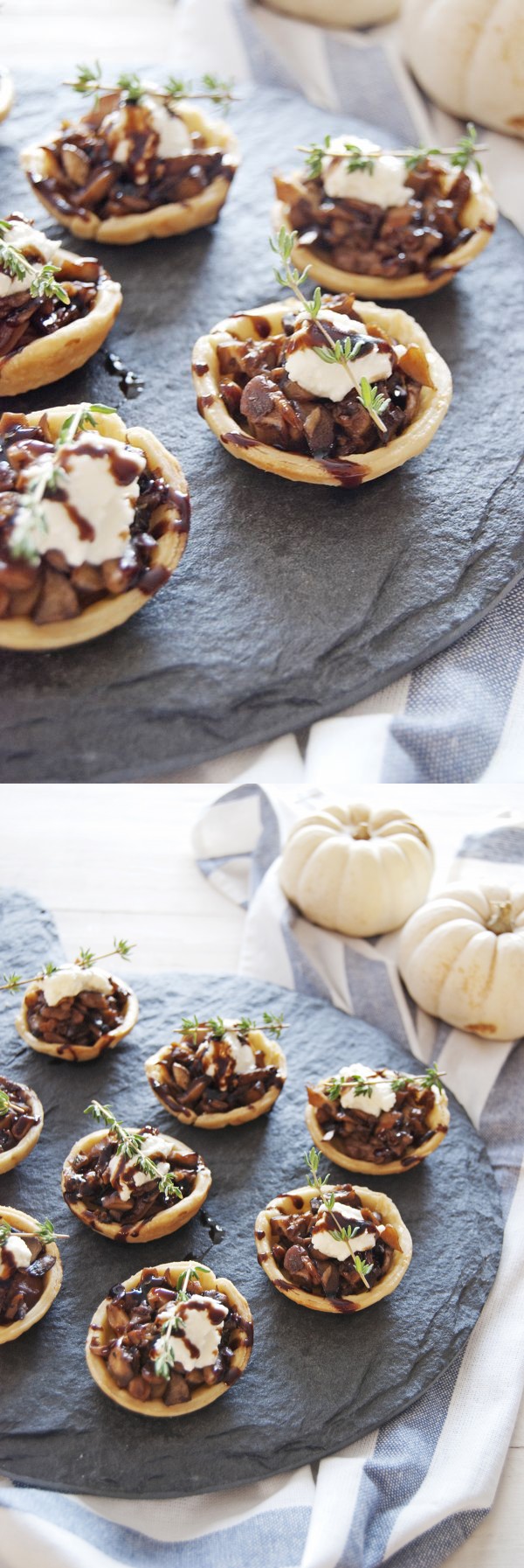 Mini Mushroom Tarts with Goat Cheese Mousse and Balsamic Glaze