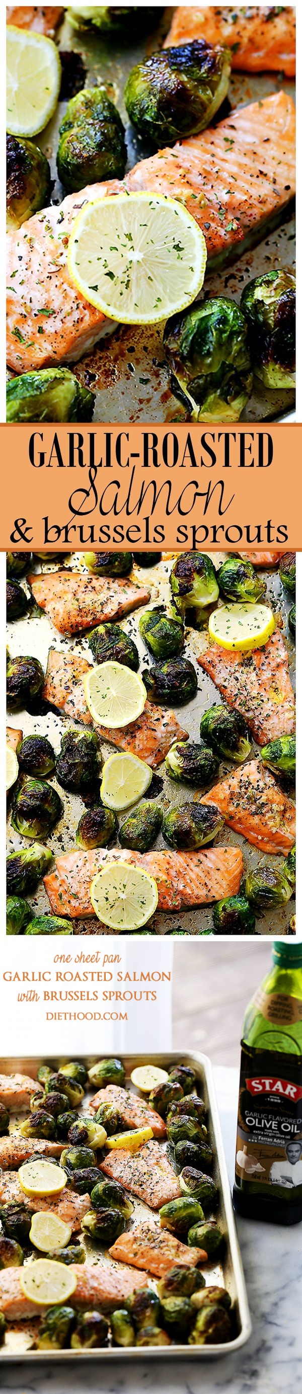 One Sheet Pan Garlic Roasted Salmon with Brussels Sprouts