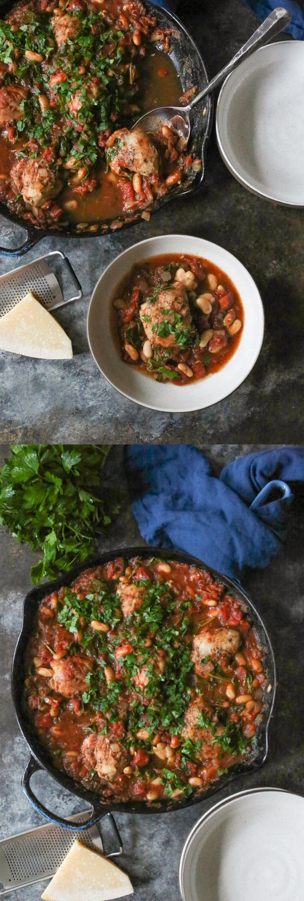 One Skillet Braised Chicken Thighs with Spinach and Cannellini Beans