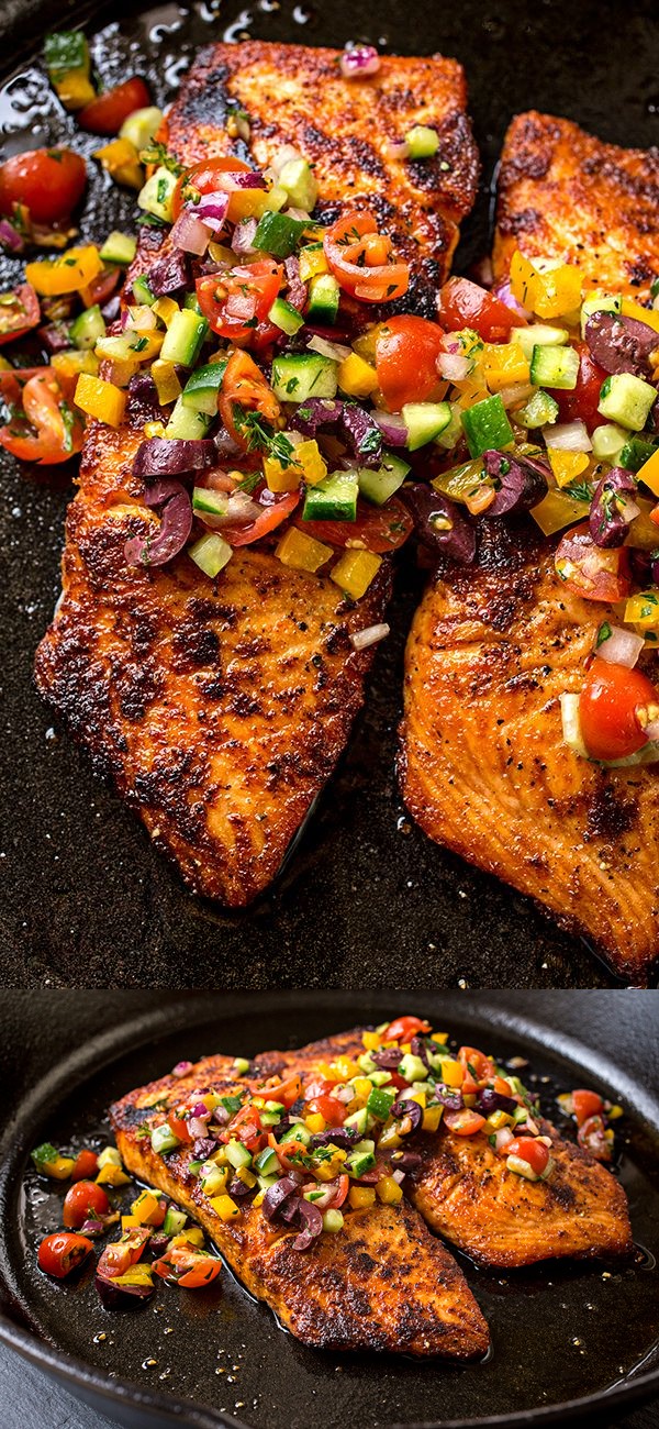 Pan Seared Salmon with Mediterranean Salsa Fresca and Toasted Couscous