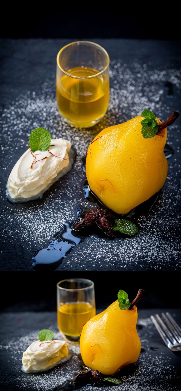 Poached Saffron Pears and Mascarpone with Marsala Wine