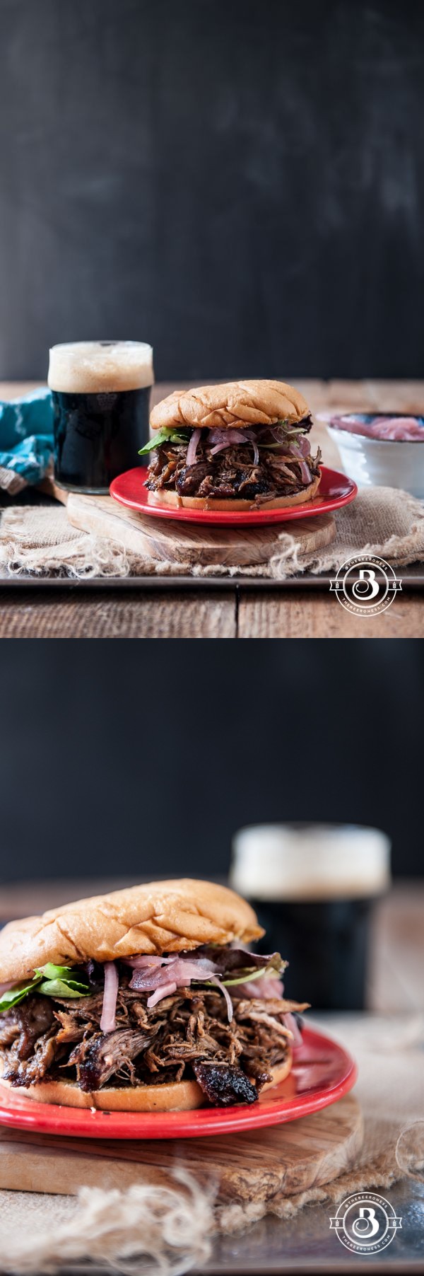 Porter Pulled Duck Burger with Beer Pickled Onions