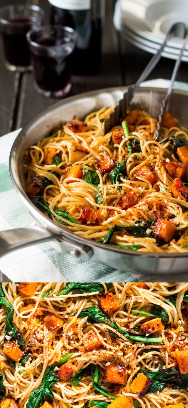 Pumpkin, spinach and walnut spaghetti