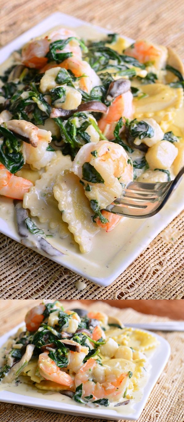 Ravioli with Seafood, Spinach & Mushrooms in Garlic Cream Sauce