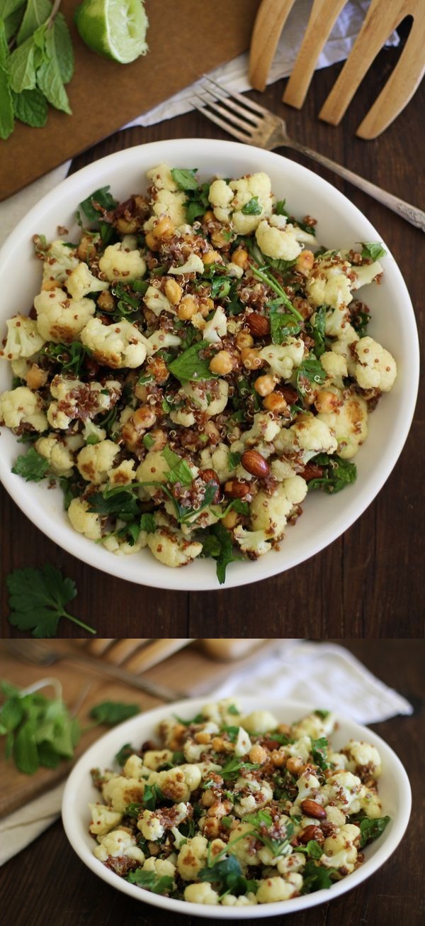 Roasted cauliflower and chickpea quinoa salad with jalapeño-lime dressing