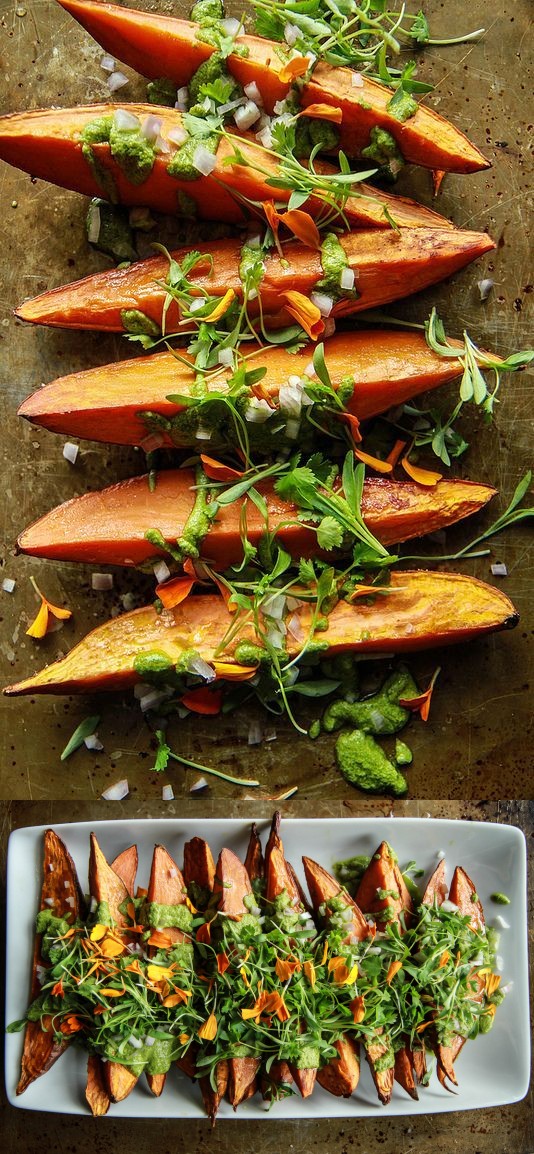 Roasted Sweet Potato Wedges with Cilantro Tahini Sauce