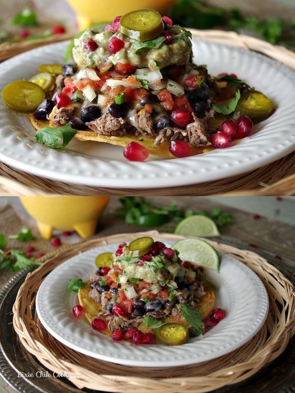 Shredded Beef Tostadas with Pomegranate Guacamole