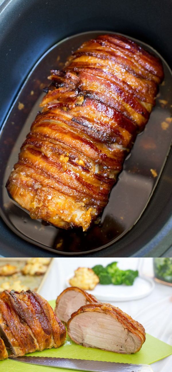 Slow Cooker Bacon Garlic Pork Loin