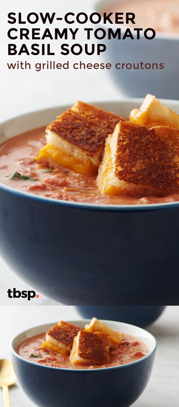 Slow-Cooker Creamy Tomato Basil Soup with Grilled Cheese Croutons