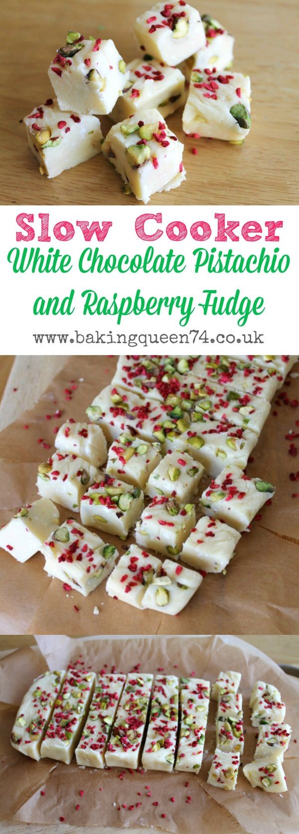 Slow Cooker White Chocolate Pistachio and Raspberry Fudge