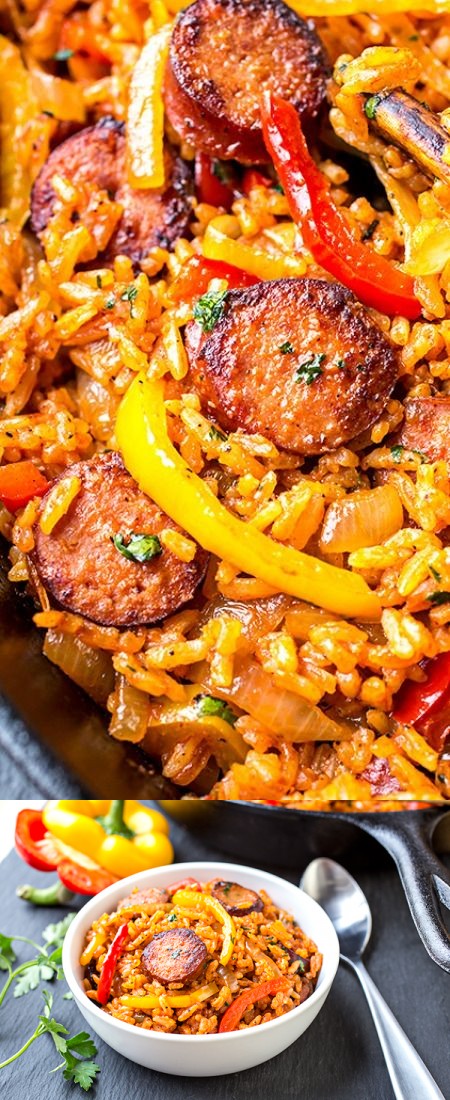 Smoked Sausage and Red Rice Skillet with Charred Onions and Peppers