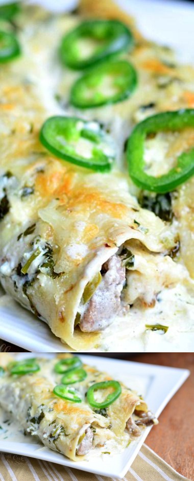 Steak Enchiladas with Jalapeño Cilantro Cream Sauce