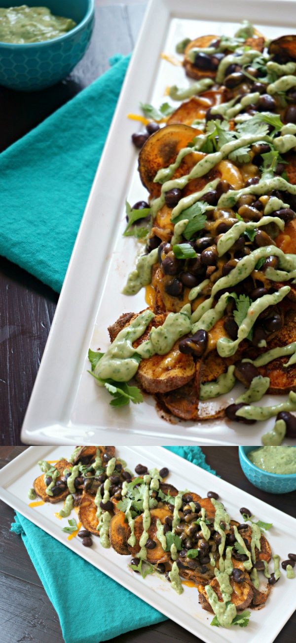 Sweet Potato Nachos with Avocado Cilantro Cream (Gluten-Free