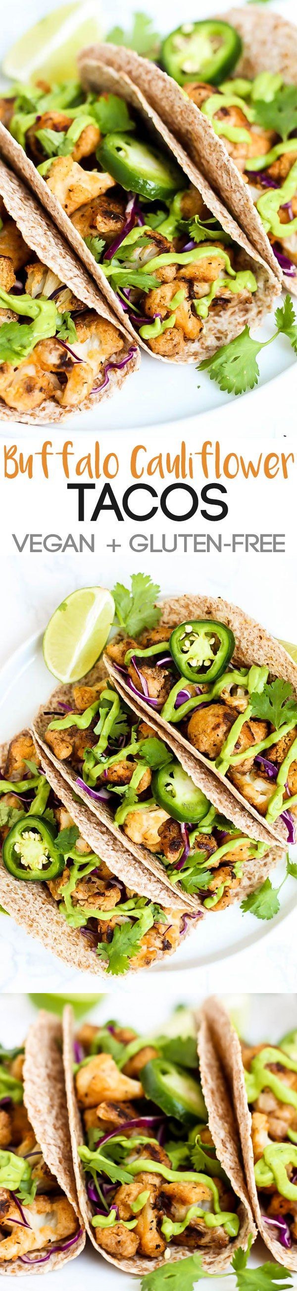 Vegan Buffalo Cauliflower Tacos with Avocado Cilantro Sauce