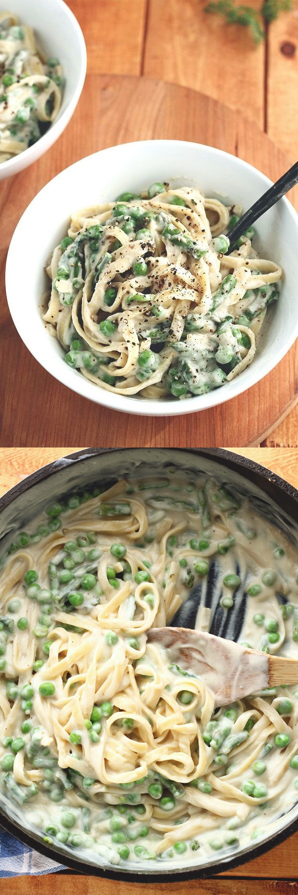 Vegan Garlic Alfredo with Asparagus & Peas