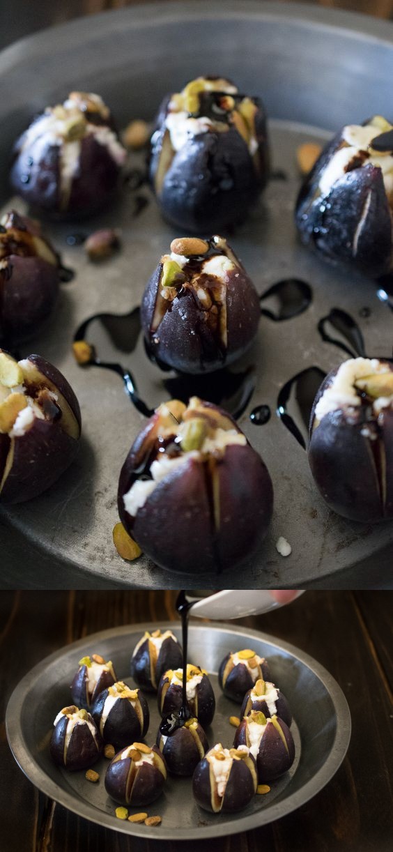 Warm figs with goat cheese, pistachios and balsamic glaze