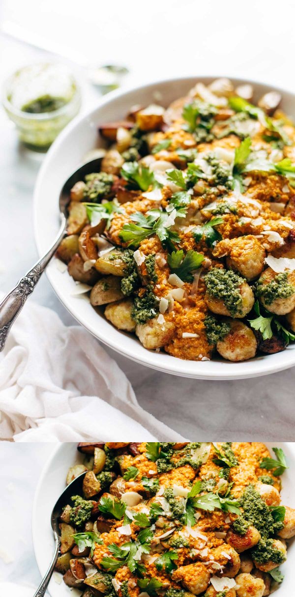 Mini Chicken Meatballs with Crispy Potatoes and Romesco