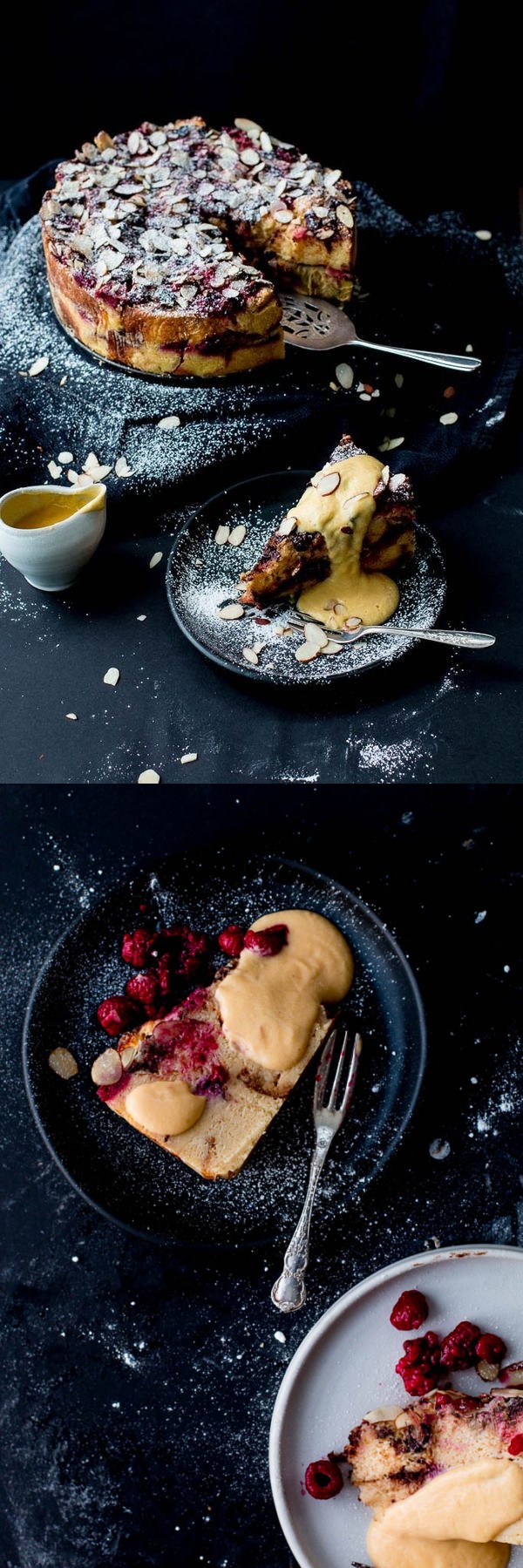 Rhubarb, Raspberry & Dark Chocolate Bread & Butter Pudding Cake