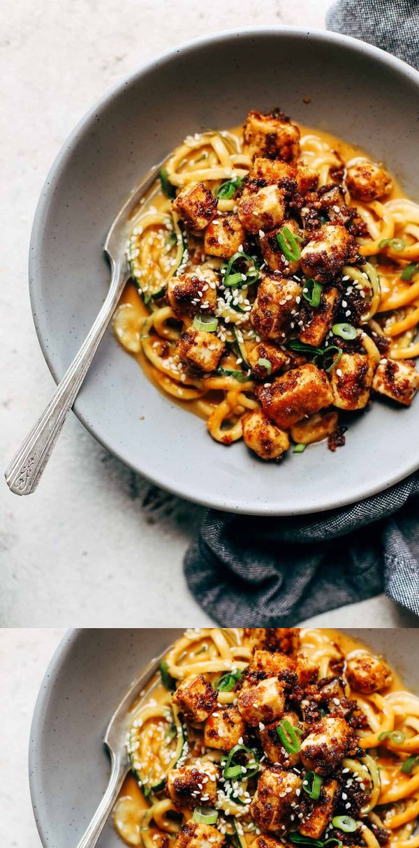 Spicy Sesame Zoodles with Crispy Tofu