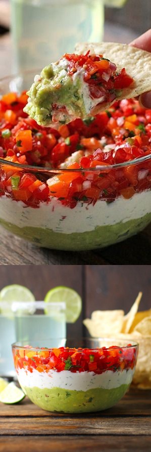 Triple Layer Guacamole Creamy Cotija and Confetti Salsa Party Dip