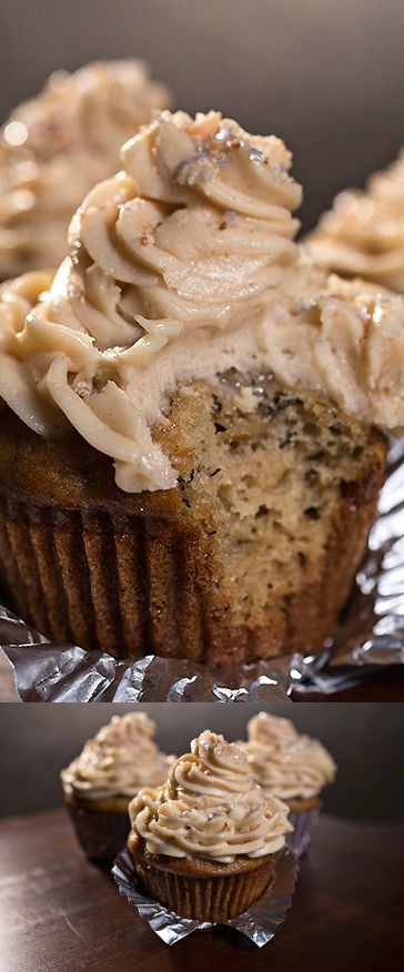 “Velvet Elvis” Cupcakes with Moist Banana Cake and Rich, Peanut Butter-Cream Cheese Frosting, sprinkled with Sweet Buttered-Toffee Peanuts