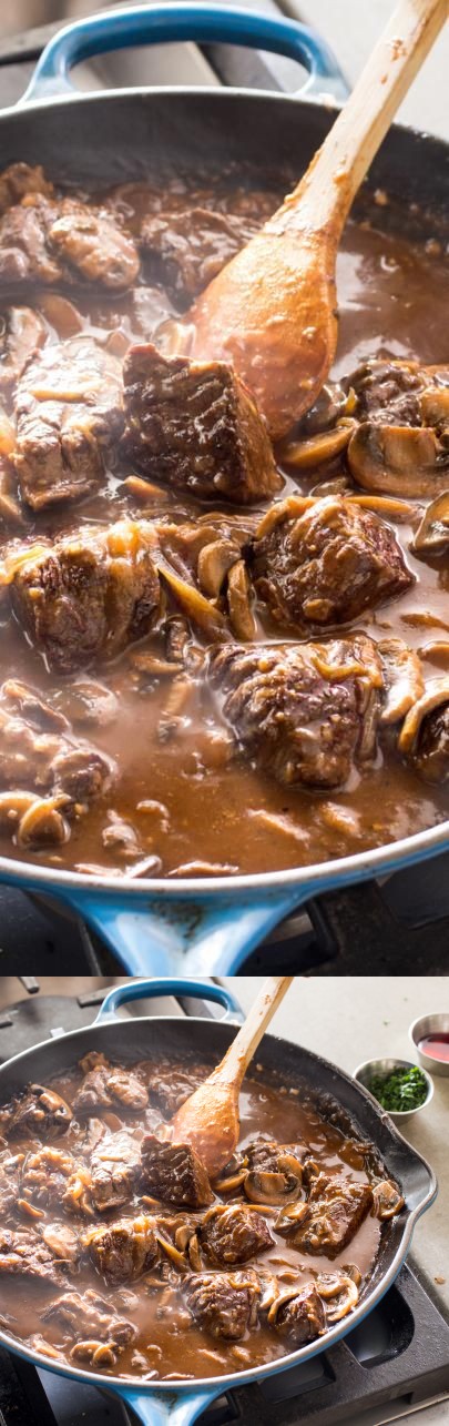 Cast-Iron Steak Tips with Mushroom-Onion Gravy