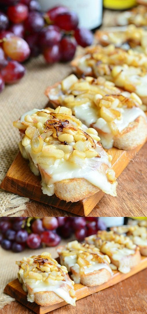 Cheese Party: Brie Crostini w/ Caramelized Onions, Pear and Pine Nuts