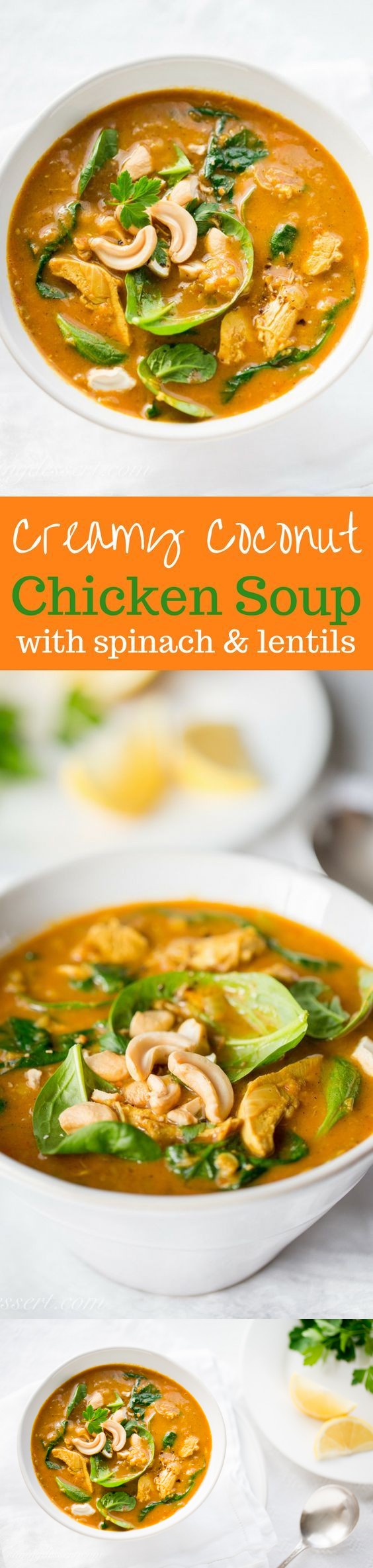 Creamy Coconut Chicken Soup with Spinach and Lentils