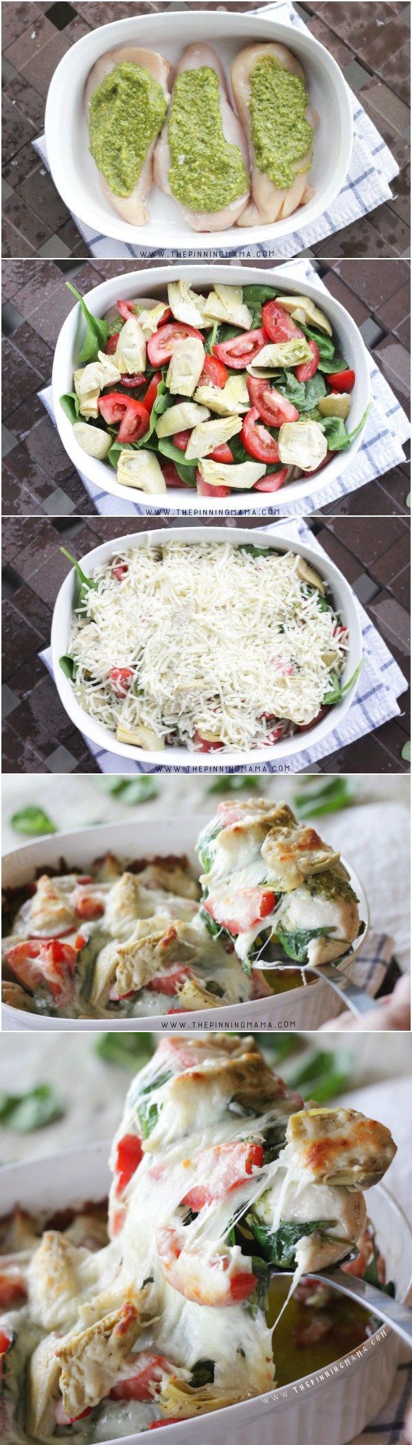 Easy Pesto Spinach Artichoke Chicken Bake