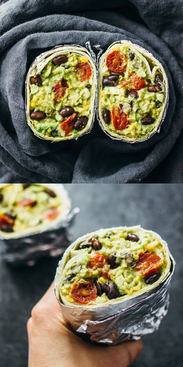 Guacamole burrito with balsamic roasted tomatoes and black beans