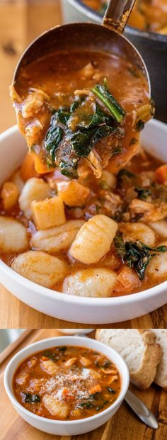 Hearty Italian Chicken and Autumn Veggie Soup with Roasted Garlic and Tomato Broth over Gnocchi
