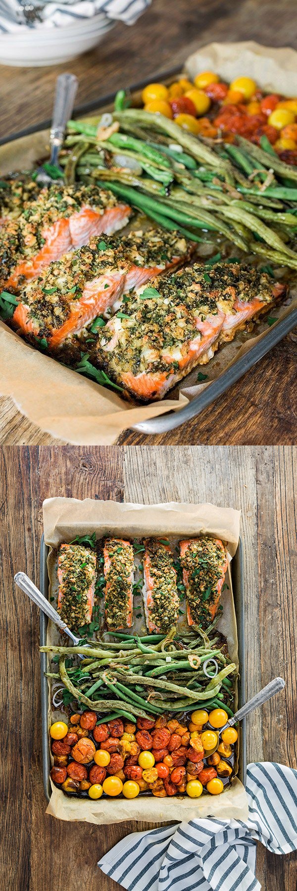 One Sheet Pan Herb Crusted Salmon with Garlicky Green Beans & Heirloom Cherry Tomatoes