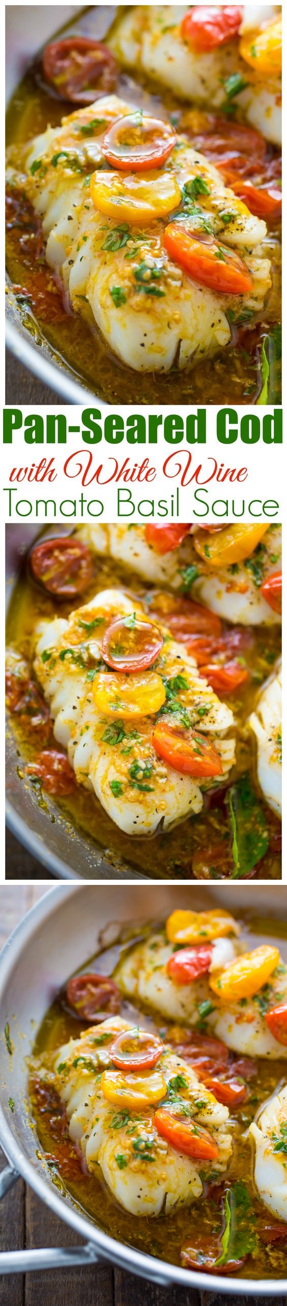 Pan-Seared Cod in White Wine Tomato Basil Sauce