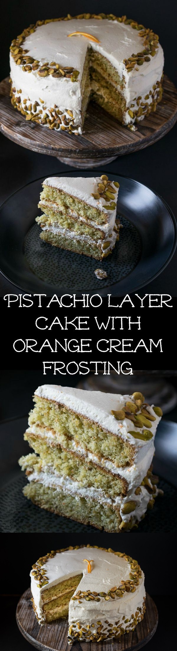 Pistachio layer cake with orange cream frosting