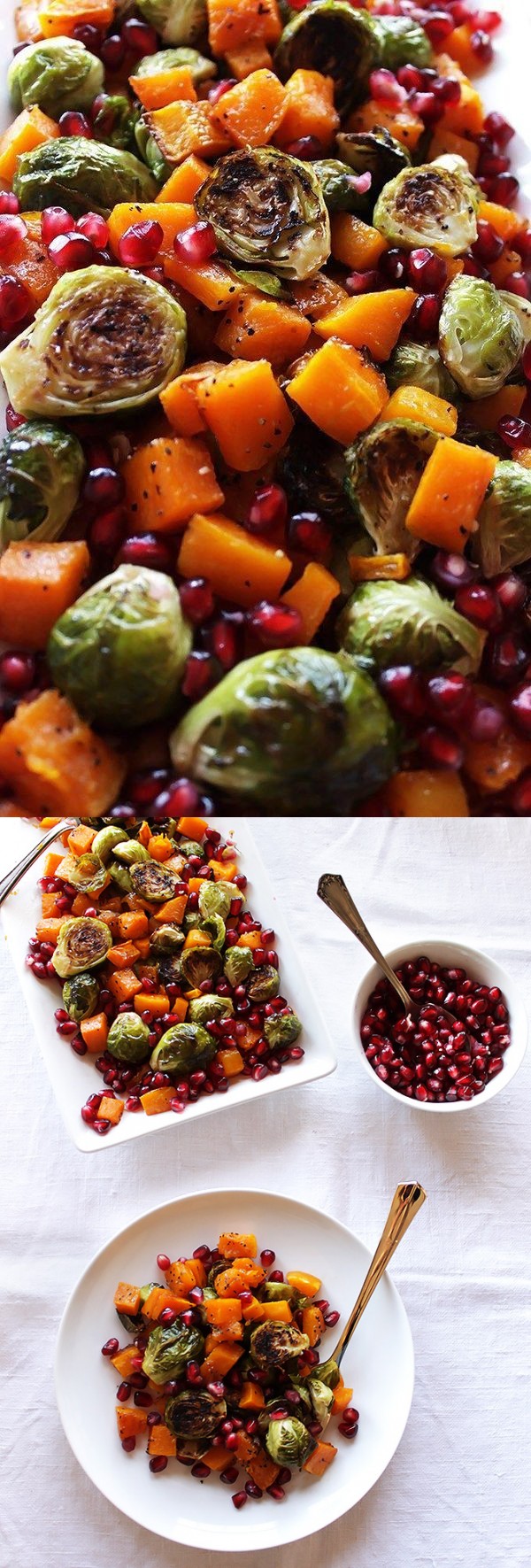 Roasted Butternut Squash and Brussels Sprouts with Pomegranate